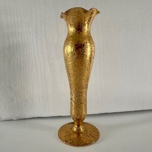 Vintage Gold Encrusted Etched Floral Glass Bud Vase Ruffled Rim Pedestal